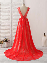 Prom Dresses Princess, Red V Neck Lace Long Prom Dress, Lace Evening Dress