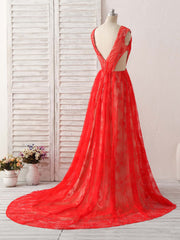 Prom Dress Inspo, Red V Neck Lace Long Prom Dress, Lace Evening Dress