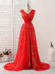 Prom Dresses Uk, Red V Neck Lace Long Prom Dress, Lace Evening Dress