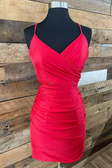 94 Prom Dress, Red V Neck Lace-Up Short Homecoming Dress Cocktail