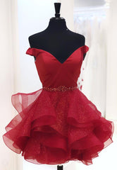 Party Dress Sparkle, Red V-Neck Off the Shoulder Short Prom Dresses