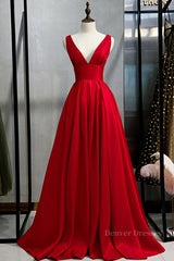 Bridesmaid Dress Black, Red v neck satin long prom dress simple red evening dress
