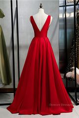 Bridesmaids Dress Black, Red v neck satin long prom dress simple red evening dress