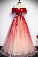 Elegant Dress, Red Off the Shoulder Long Tulle Prom Dress with Beading, Party Gown with Sequins