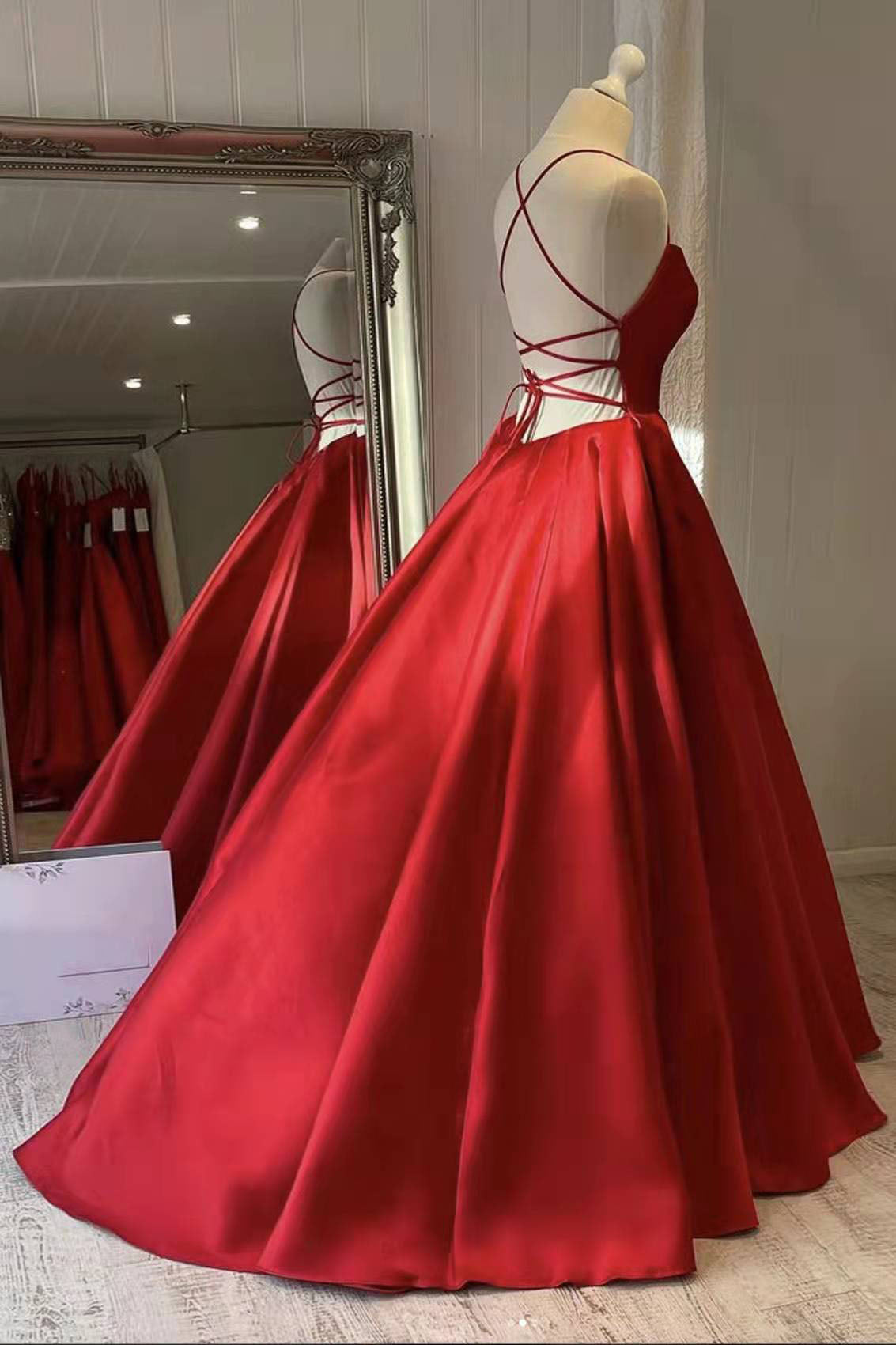 Prom Dresses For 21 Year Olds, Red Satin Spaghetti Straps Long Prom Dress, Puffy Princess Formal Gown