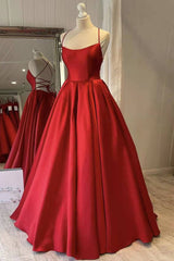 Prom Dress Long Sleeve Ball Gown, Red Satin Spaghetti Straps Long Prom Dress, Puffy Princess Formal Gown