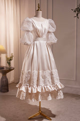 Bridesmaids Dresses Peach, Retro Scoop Neck Lace Tea-length Prom Dress, A-Line Puffy Short Sleeve Party Dress