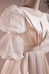 Bridesmaid Dress Peach, Retro Scoop Neck Lace Tea-length Prom Dress, A-Line Puffy Short Sleeve Party Dress