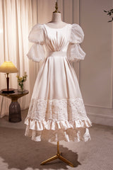 Bridesmaids Dress Peach, Retro Scoop Neck Lace Tea-length Prom Dress, A-Line Puffy Short Sleeve Party Dress