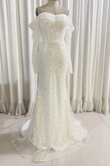 Prom Dresses Two Piece, Ivory Mermaid Sequined Prom Dress with Long Sleeves, Sparkly Long Party Dresses