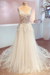 Wedding Dresses Petite, Romantic Long A-Line Spaghetti Straps Appliques Lace Backless Wedding Dress