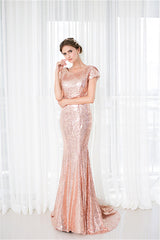 Party Dresses Sleeves, Rose Gold Sequin Mermaid Prom Dresses