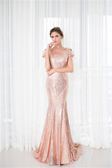Party Dress Sleeve, Rose Gold Sequin Mermaid Prom Dresses