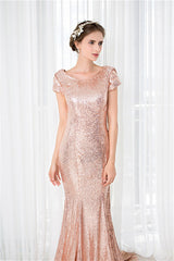 Party Dress Mid Length, Rose Gold Sequin Mermaid Prom Dresses