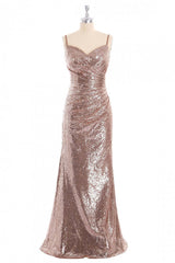 Evening Dresses Gown, Rose Gold Sequin Mermaid Straps Long Bridesmaid Dress