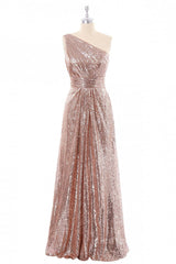 Bridesmaids Dress Shopping, Rose Gold Sequin One Shoulder Long Bridesmaid Dress