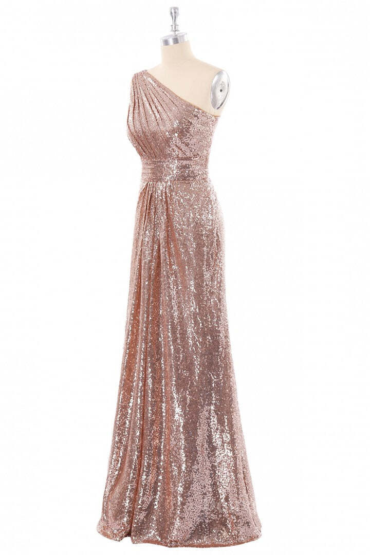 Bridesmaid Dresses Shop, Rose Gold Sequin One Shoulder Long Bridesmaid Dress