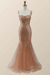 Prom Dress For Teens, Rose Gold Shimmer Mermaid Long Formal Dress