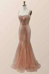 Prom Dress V Neck, Rose Gold Shimmer Mermaid Long Formal Dress