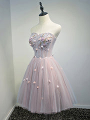 Prom Dress Designer, Rose Pink Short Floral Prom Dresses, Short Graduation Homecoming Dress with Beaded Flower