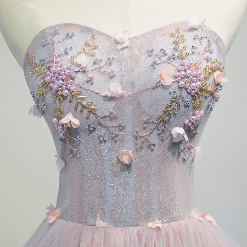 Prom Dress Design, Rose Pink Short Floral Prom Dresses, Short Graduation Homecoming Dress with Beaded Flower