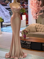 Prom Dresses With Long Sleeves, Sexy Rose Gold Mermaid Spaghetti Straps Maxi Long Prom Dresses Online