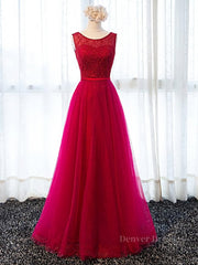 Party Dresses Styles, Round Neck Burgundy Beaded Prom Dresses, Wine Red Beaded Formal Evening Bridesmaid Dresses