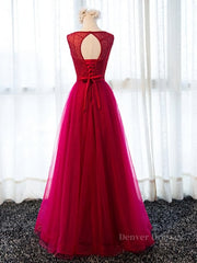 Party Dress Hair Style, Round Neck Burgundy Beaded Prom Dresses, Wine Red Beaded Formal Evening Bridesmaid Dresses
