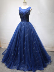 Prom Dress Affordable, Round Neck Dark Navy Blue Long Prom Dresses with Corset Back, Navy Blue Formal Evening Dresses