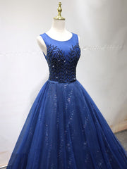 Prom Dress Vintage, Round Neck Dark Navy Blue Long Prom Dresses with Corset Back, Navy Blue Formal Evening Dresses