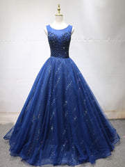 Prom Dresses Affordable, Round Neck Dark Navy Blue Long Prom Dresses with Corset Back, Navy Blue Formal Evening Dresses