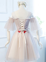 Prom Dress Color, Round Neck Half Sleeves Short Pink Prom Dresses, Half Sleeves Short Pink Graduation Bridesmaid Dresses
