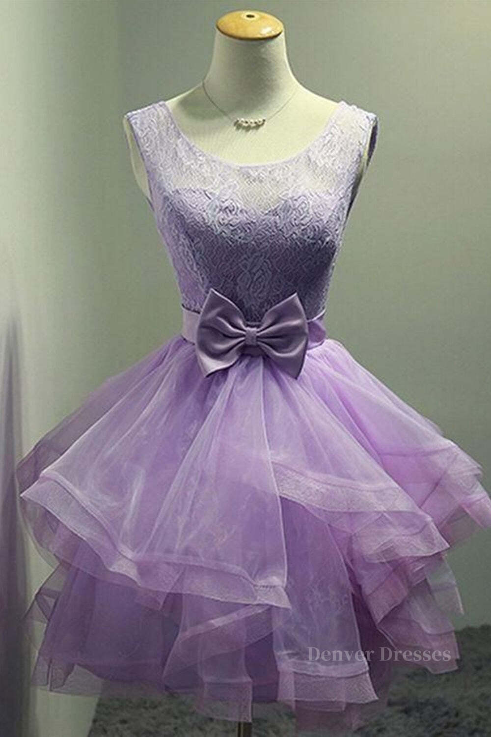 Prom Dresses Ball Gown Style, Round Neck Purple Lace Short Prom Dresses, Lilac Lace Homecoming Dresses, Purple Formal Evening Dresses