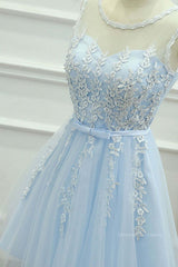 Formal Dresses, Round Neck Short Blue Lace Prom Dresses, Short Blue Lace Homecoming Graduation Dresses