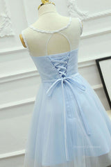 Formal Dress Suits For Ladies, Round Neck Short Blue Lace Prom Dresses, Short Blue Lace Homecoming Graduation Dresses