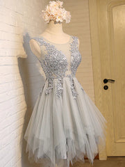 Engagement Dress, Round Neck Short Gray Lace Prom Dresses, Short Grey Lace Homecoming Dresses