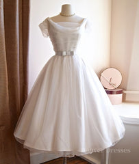 Wedding Dresses Shapes, Round-Neck White Tulle Short Retro Prom Dresses, Retro Wedding Dresses
