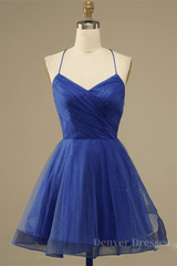 Prom Dresses Mermaid, Royal Blue A-line Lace-Up Back Surplice Tulle Mini Homecoming Dress