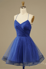 Prom Dresses V Neck, Royal Blue A-line Lace-Up Back Surplice Tulle Mini Homecoming Dress
