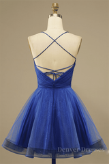 Prom Dress Store Near Me, Royal Blue A-line Lace-Up Back Surplice Tulle Mini Homecoming Dress