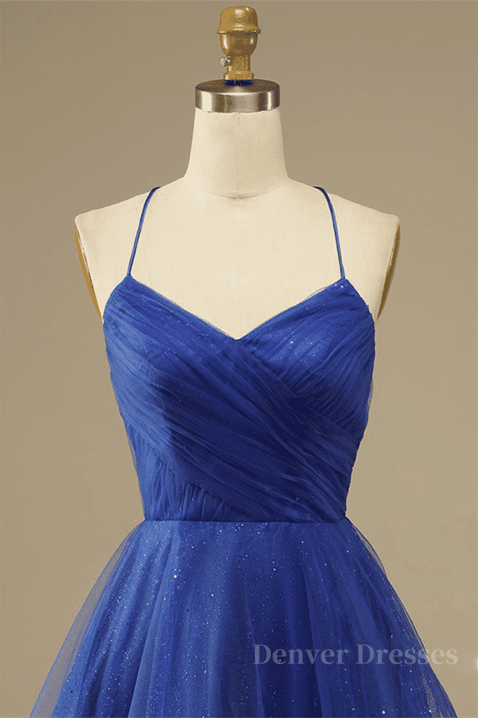 Prom Dresses Stores Near Me, Royal Blue A-line Lace-Up Back Surplice Tulle Mini Homecoming Dress