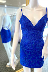 Bridesmaid Dress Online, Royal Blue Applique Backless Mini Cocktail Dresses