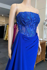 Evening Dresses Elegant, Royal Blue Appliques Strapless Long Formal Gown with Attached Train