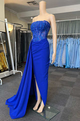 Evening Dresses For Weddings, Royal Blue Appliques Strapless Long Formal Gown with Attached Train