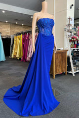 Evening Dresses Boutique, Royal Blue Appliques Strapless Long Formal Gown with Attached Train