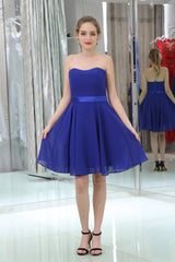Formal Dress Long Sleeved, Royal Blue Chiffon Strapless Simple Homecoming Dresses