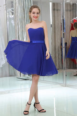 Formal Dresses Long Sleeves, Royal Blue Chiffon Strapless Simple Homecoming Dresses