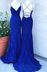Party Dresses For Girls, Royal Blue Lace Sheath Prom Dresses Long Open Back
