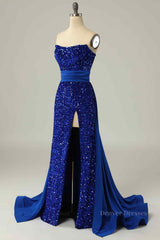 Formal Dresses With Sleeve, Royal Blue Mermaid Strapless Sequins Slit Long Prom Dress
