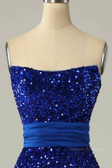 Formal Dress Wear For Ladies, Royal Blue Mermaid Strapless Sequins Slit Long Prom Dress